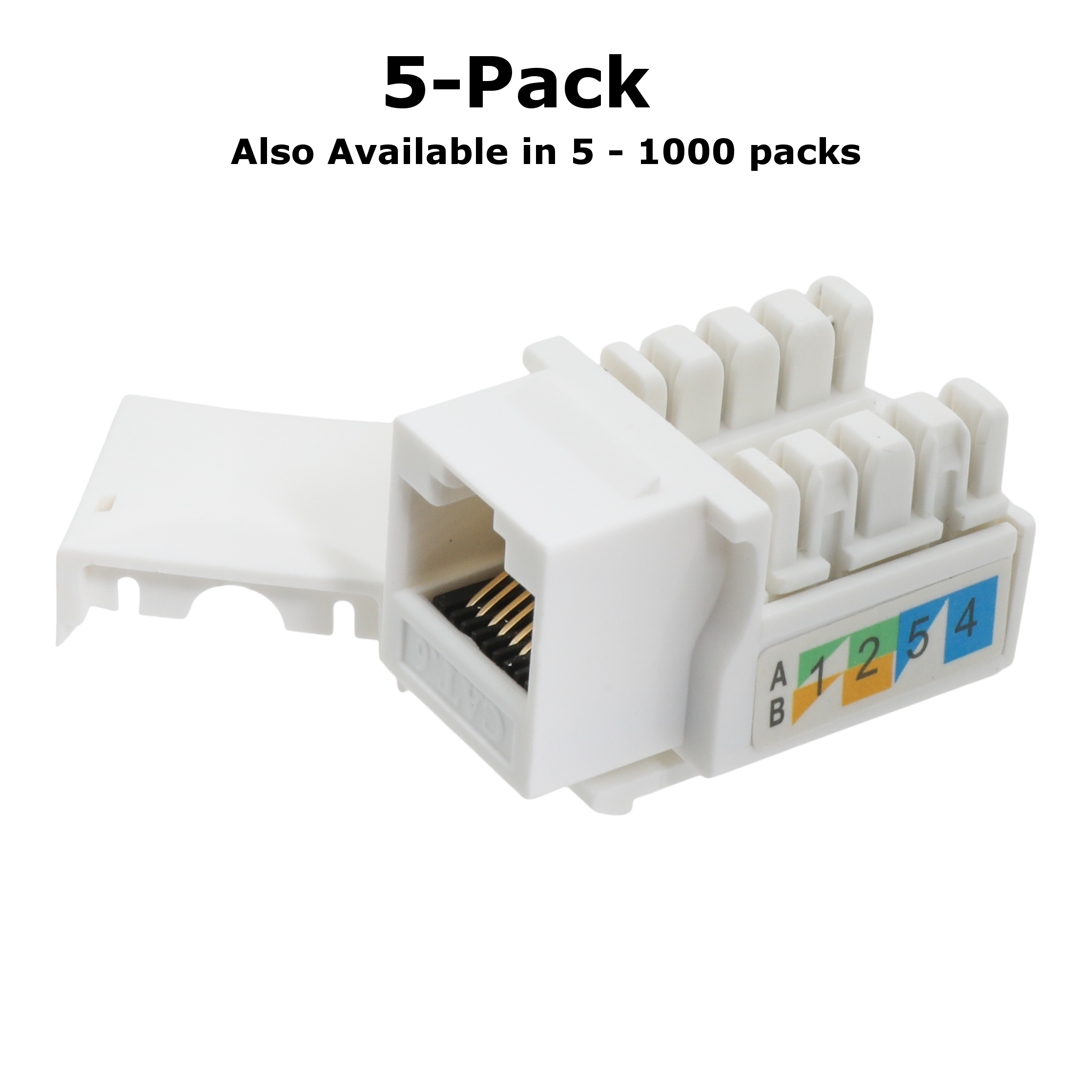 Rj45 Keystone Jack with Dust Cap in white color featuring text indicating the different Rj45 Keystone Jack Cat6 quantities available.